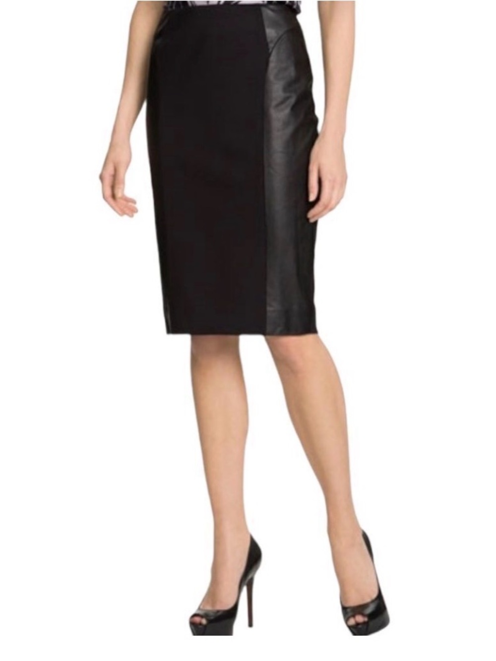 Classiques Entier Black Pencil Skirt with Leather Side Panels. Size 2